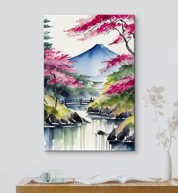 Aquarellmalerei eines Berges und Bäume mit rosa Blumen Aquarellmalerei eines Berges und Bäume mit rosa Blumen