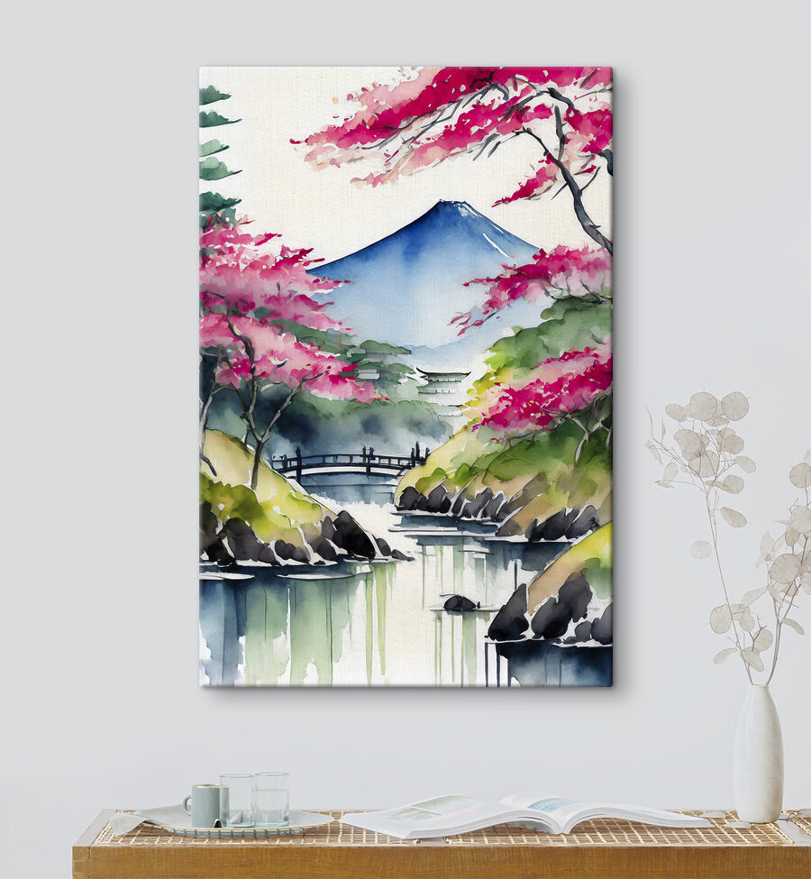 Aquarellmalerei eines Berges und Bäume mit rosa Blumen