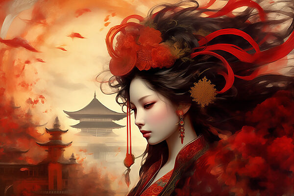 A woman with long hair and red flowers in her hair