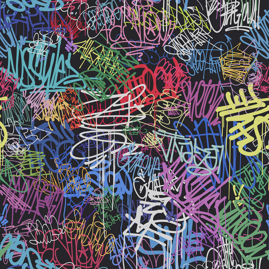 Ein buntes Graffiti auf schwarzem Hintergrund Ein buntes Graffiti auf schwarzem Hintergrund