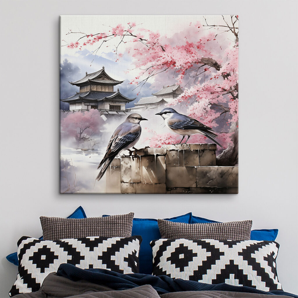 A painting of birds on a wall