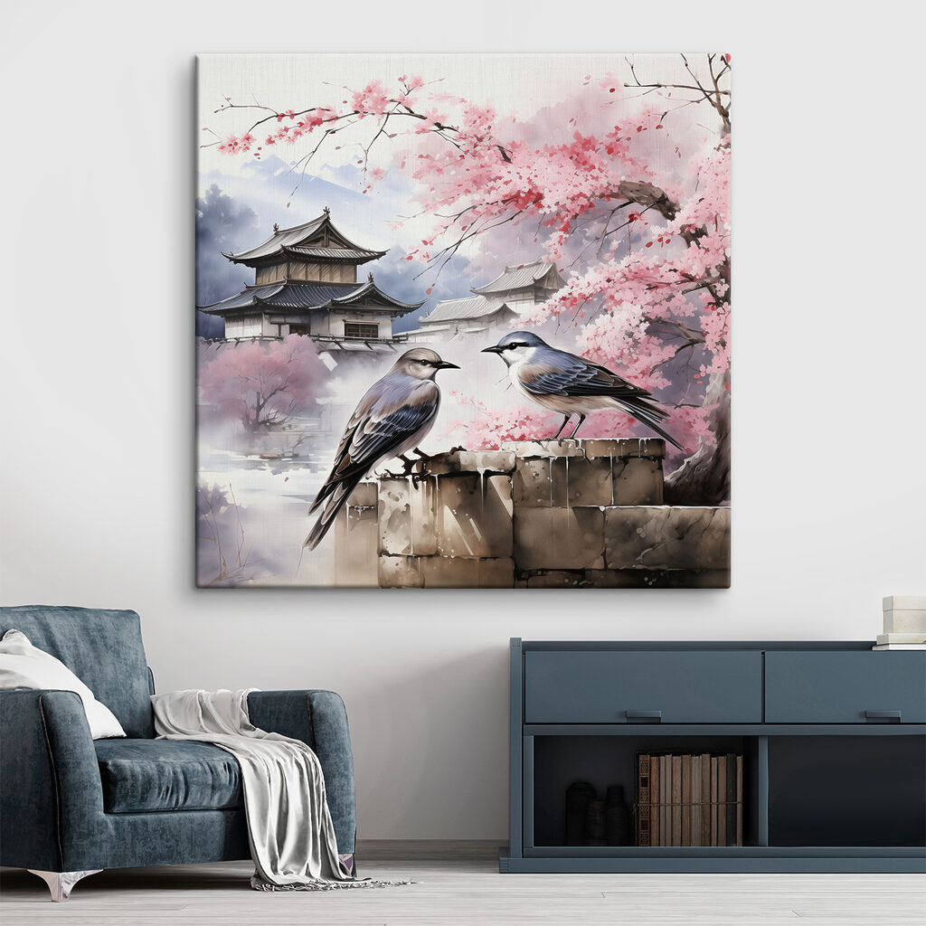 A painting of birds on a wall