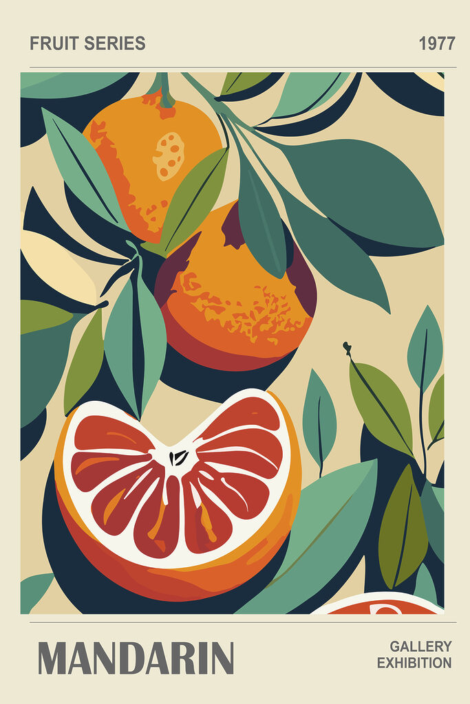 A poster of oranges and leaves