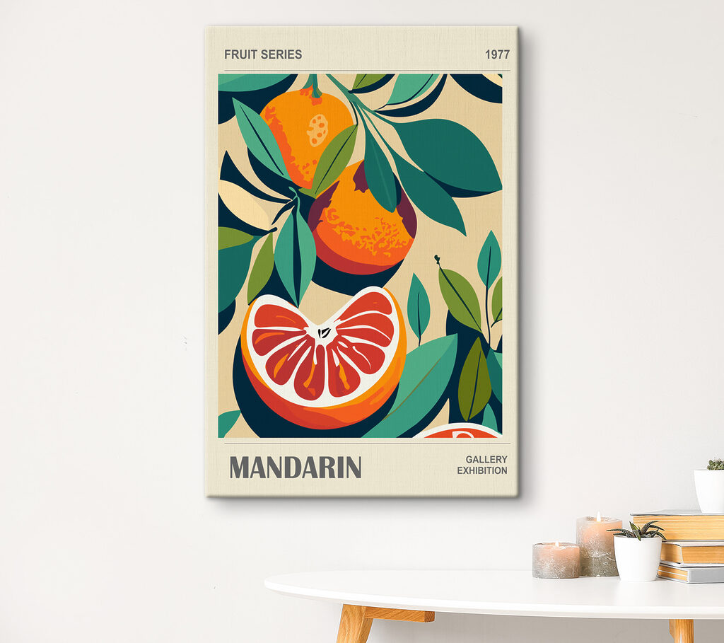 A poster of oranges and leaves