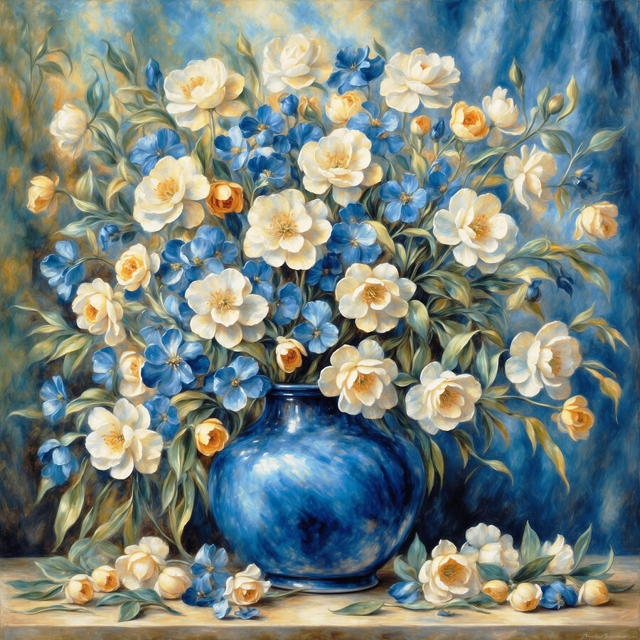 Ein Gemälde mit Blumen in einer blauen Vase