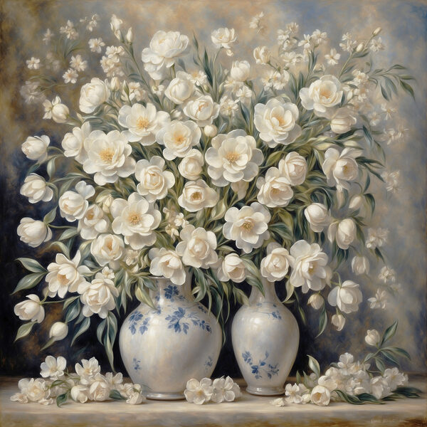 Ein Gemälde mit weißen Blumen in Vasen Ein Gemälde mit weißen Blumen in Vasen