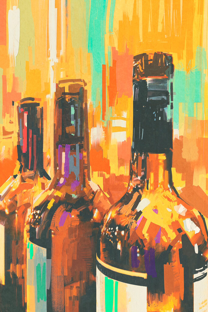 A group of bottles with a colorful background