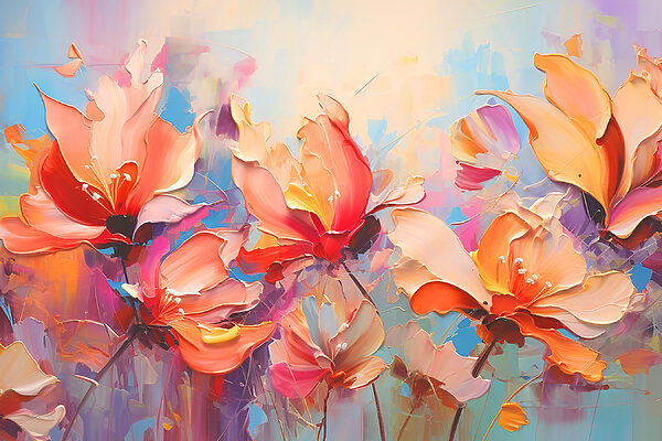 A painting of flowers on a blue background