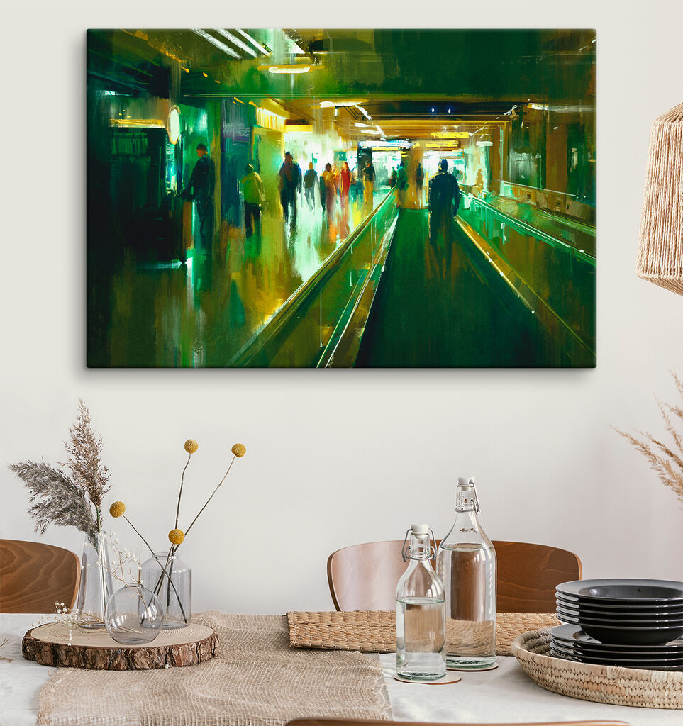 A group of people walking on an escalator