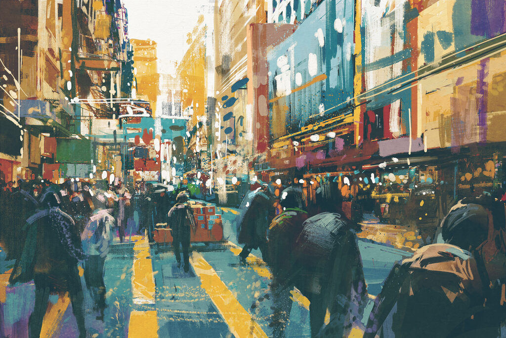A group of people walking in a city A group of people walking in a city