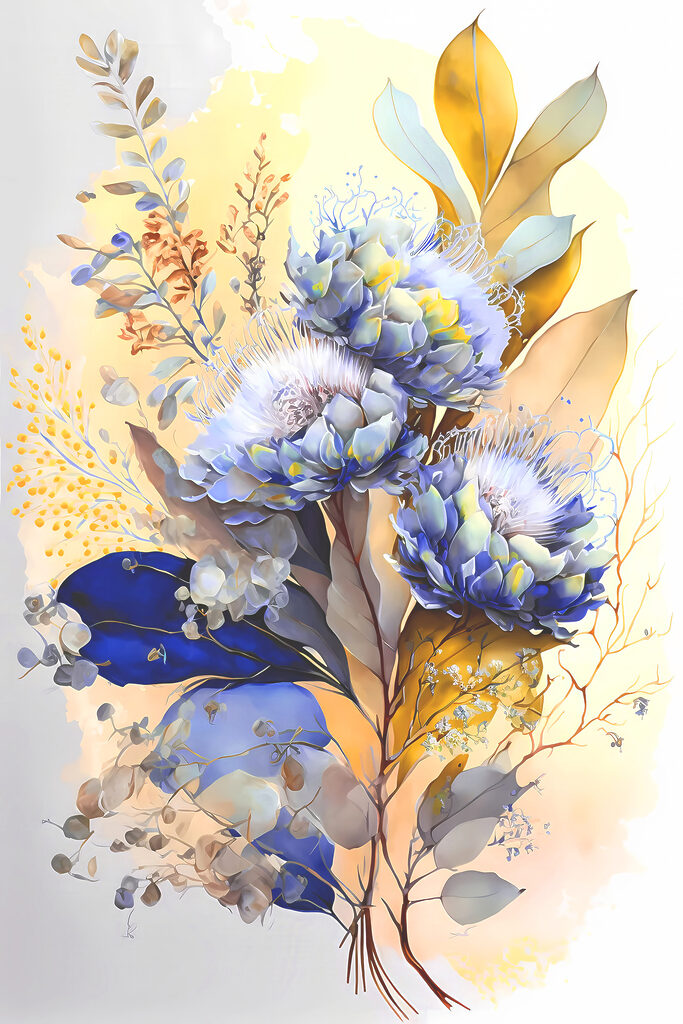 A painting of flowers and leaves