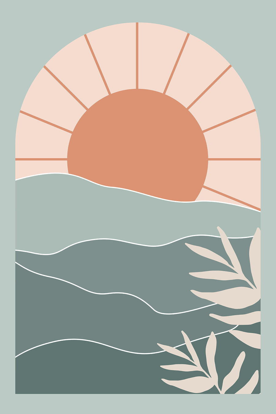 Eine Sonne über Wasser mit Blättern