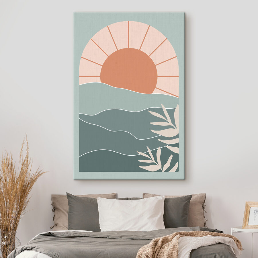 Eine Sonne über Wasser mit Blättern