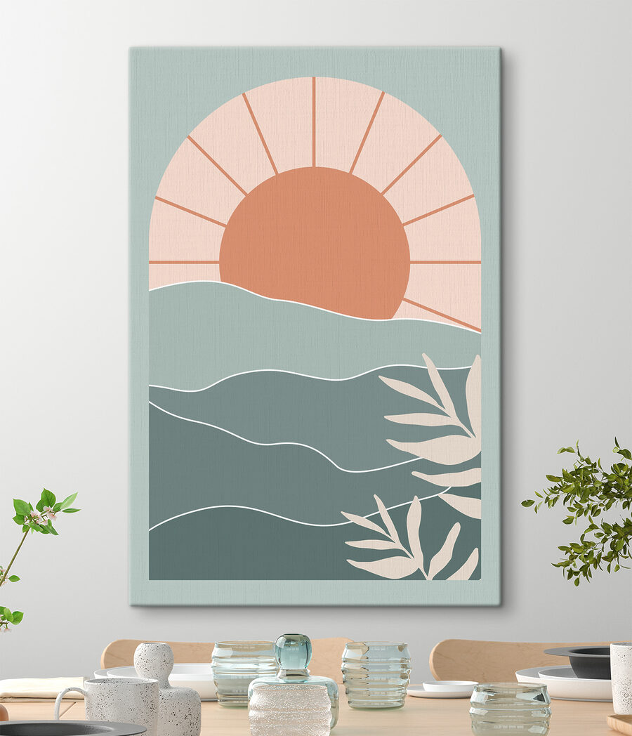 Eine Sonne über Wasser mit Blättern