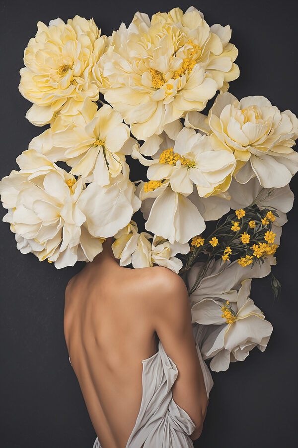 Eine Frau mit Blumen über dem Kopf Eine Frau mit Blumen über dem Kopf