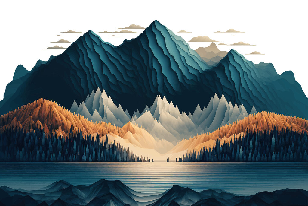 A mountain range with trees and a lake