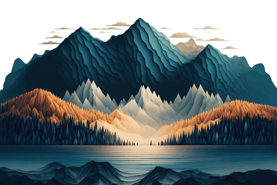 Eine Bergkette mit Bäumen und einem See