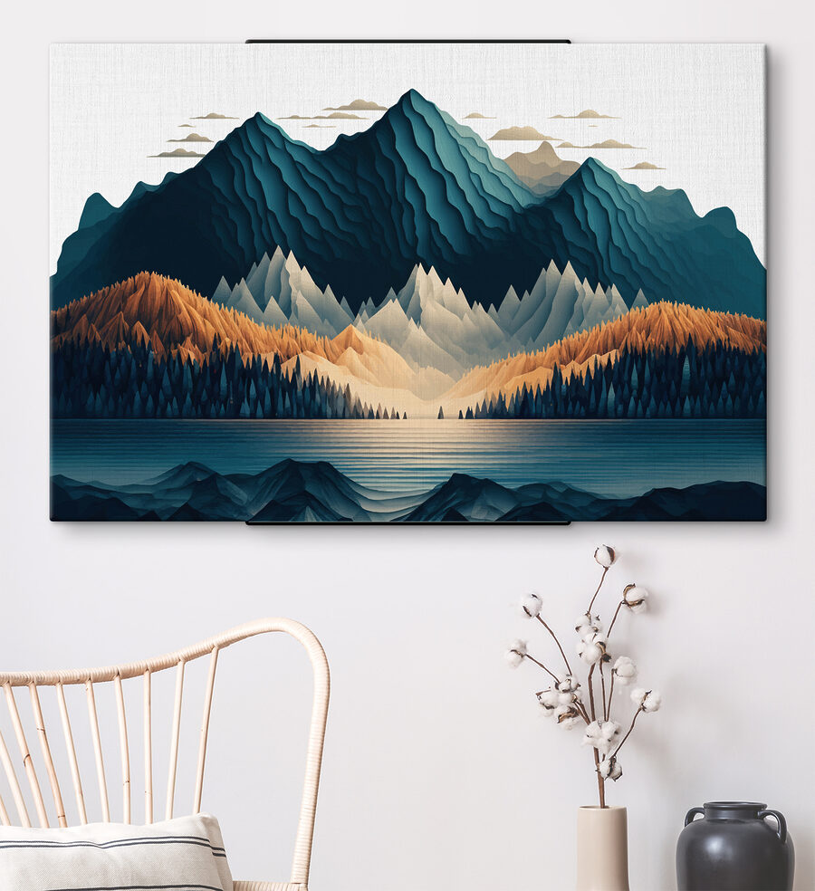 Eine Bergkette mit Bäumen und einem See