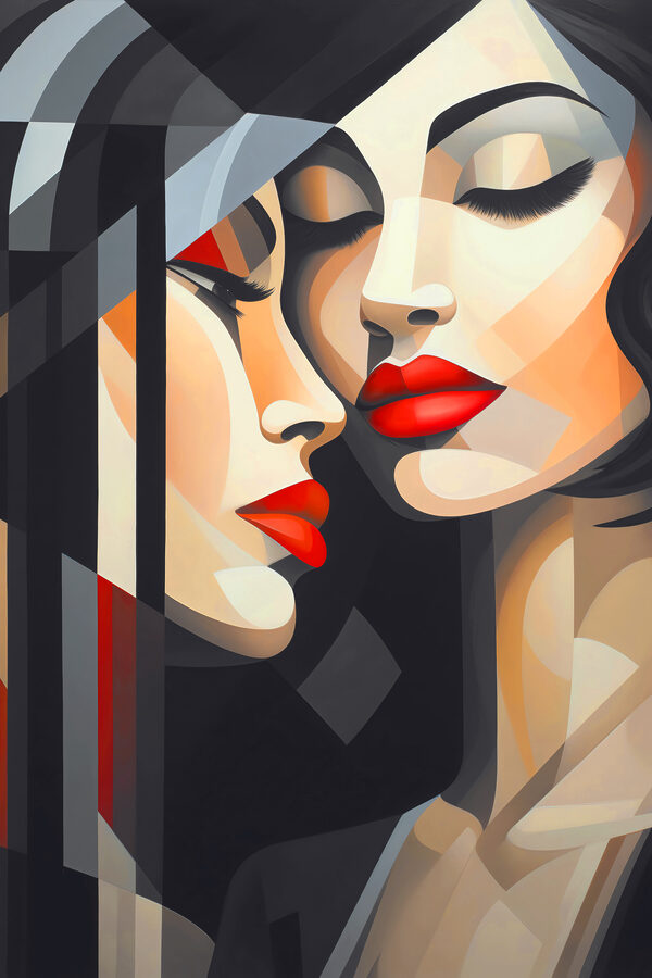 Ein Gemälde von Frauen mit roten Lippen Ein Gemälde von Frauen mit roten Lippen