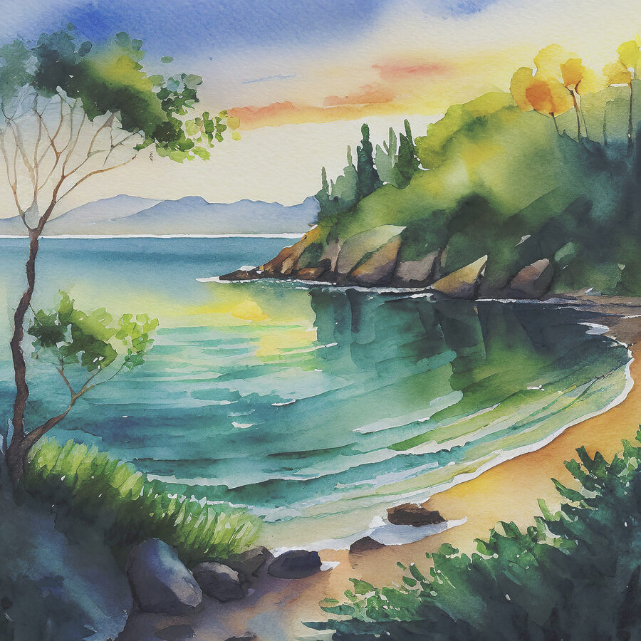 Aquarell eines Strandes mit Bäumen