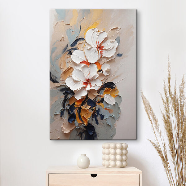 Ein Gemälde mit Blumen an der Wand Ein Gemälde mit Blumen an der Wand