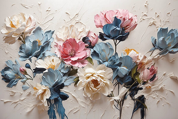Ein Gemälde mit Blumen auf einer weißen Fläche Ein Gemälde mit Blumen auf einer weißen Fläche