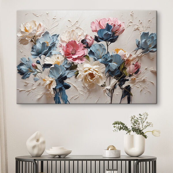 Ein Gemälde mit Blumen auf einer weißen Fläche Ein Gemälde mit Blumen auf einer weißen Fläche