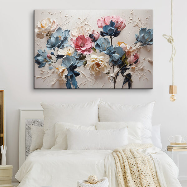 Ein Gemälde mit Blumen auf einer weißen Fläche Ein Gemälde mit Blumen auf einer weißen Fläche