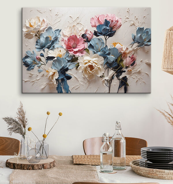 Ein Gemälde mit Blumen auf einer weißen Fläche Ein Gemälde mit Blumen auf einer weißen Fläche