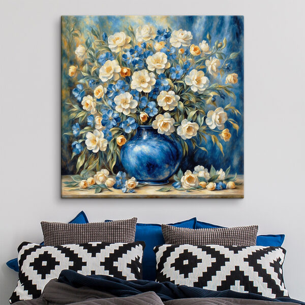 Ein Gemälde mit Blumen in einer blauen Vase Ein Gemälde mit Blumen in einer blauen Vase