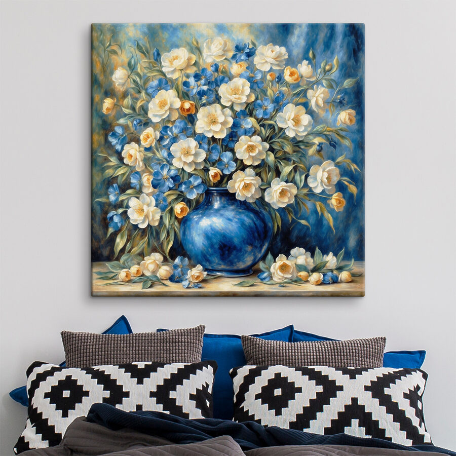 Ein Gemälde mit Blumen in einer blauen Vase