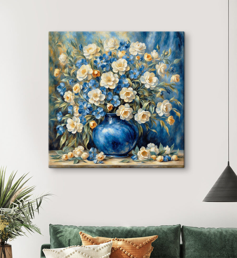 Ein Gemälde mit Blumen in einer blauen Vase