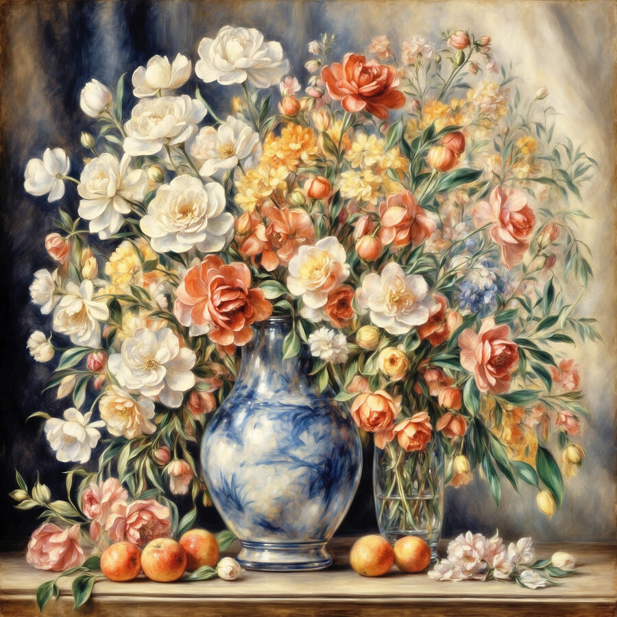Ein Gemälde mit Blumen in einer Vase und Obst Ein Gemälde mit Blumen in einer Vase und Obst