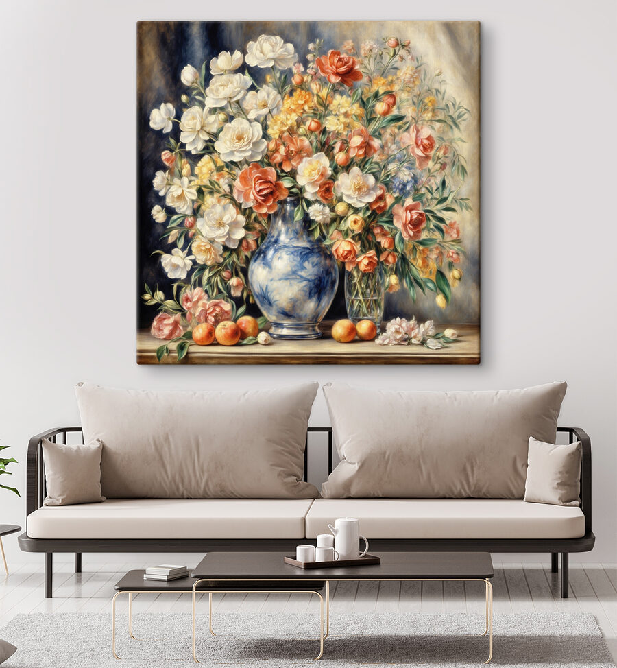 Ein Gemälde mit Blumen in einer Vase und Obst Ein Gemälde mit Blumen in einer Vase und Obst