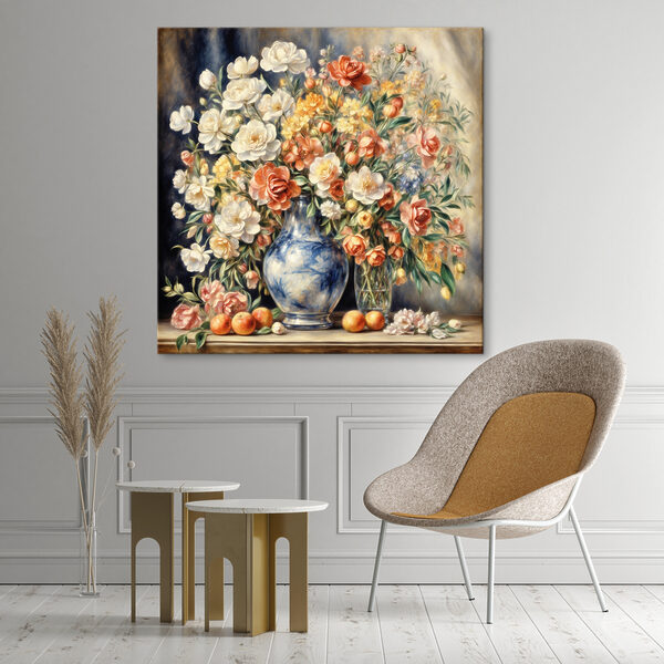 Ein Gemälde mit Blumen in einer Vase und Obst Ein Gemälde mit Blumen in einer Vase und Obst