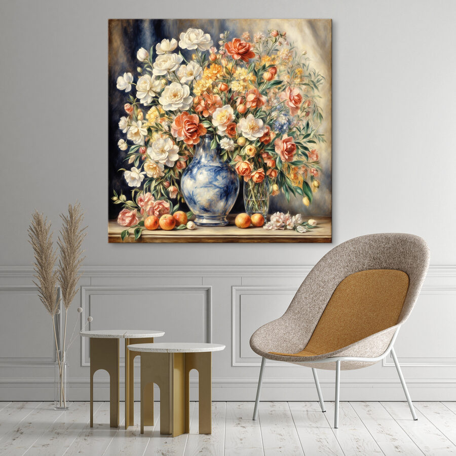 Ein Gemälde mit Blumen in einer Vase und Obst Ein Gemälde mit Blumen in einer Vase und Obst