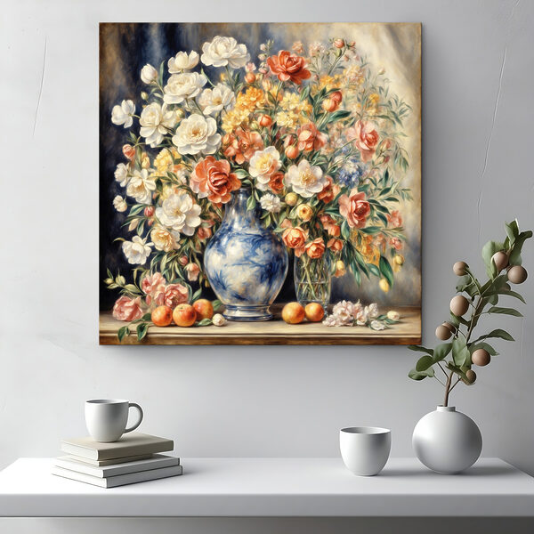 Ein Gemälde mit Blumen in einer Vase und Obst Ein Gemälde mit Blumen in einer Vase und Obst
