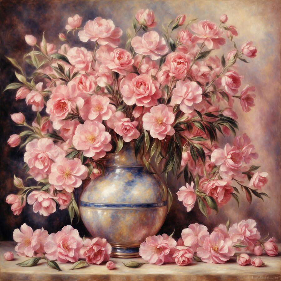 Ein Gemälde mit rosa Blumen in einer Vase