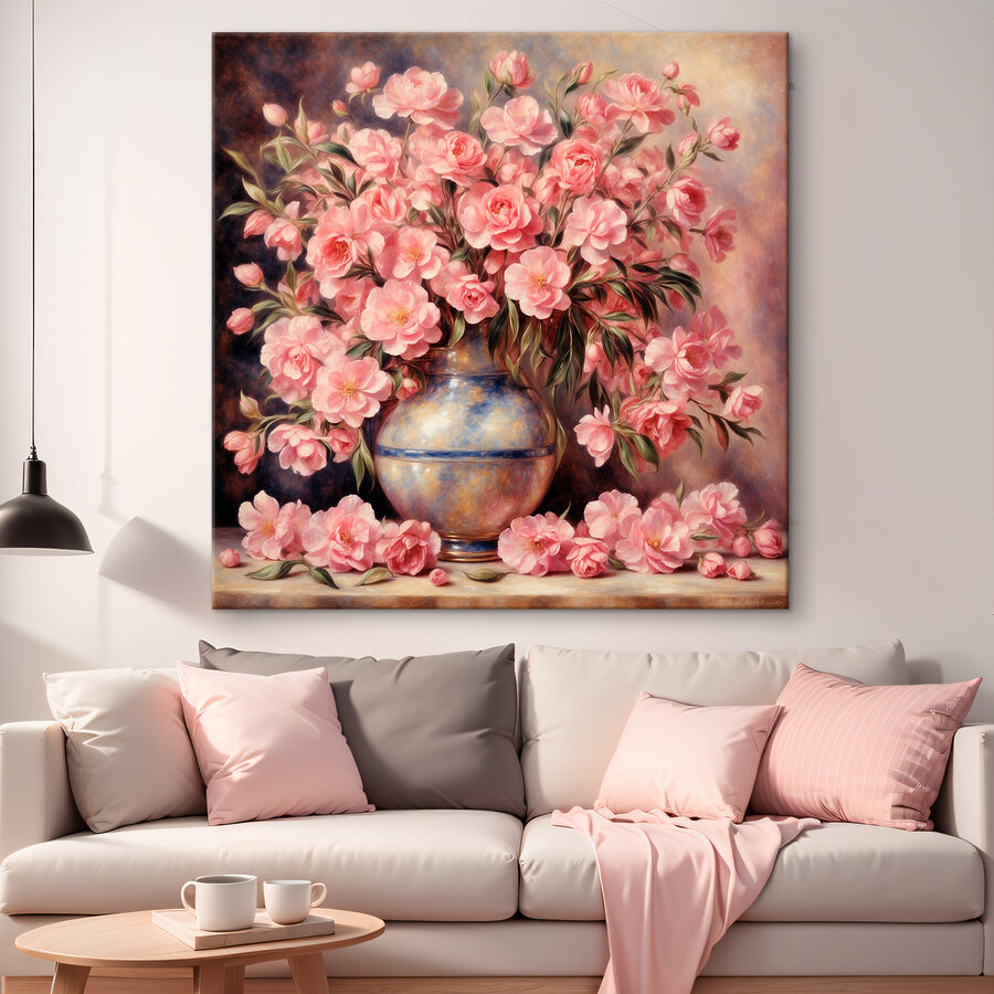 Ein Gemälde mit rosa Blumen in einer Vase