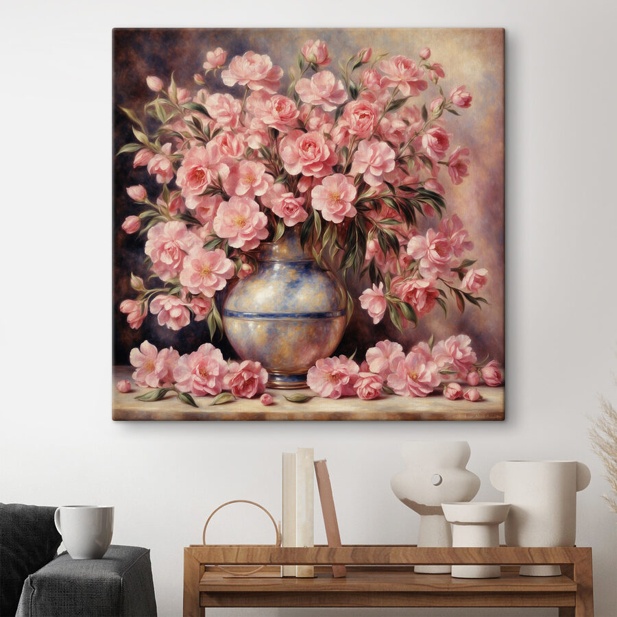 Ein Gemälde mit rosa Blumen in einer Vase