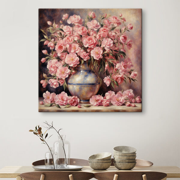 Ein Gemälde mit rosa Blumen in einer Vase Ein Gemälde mit rosa Blumen in einer Vase