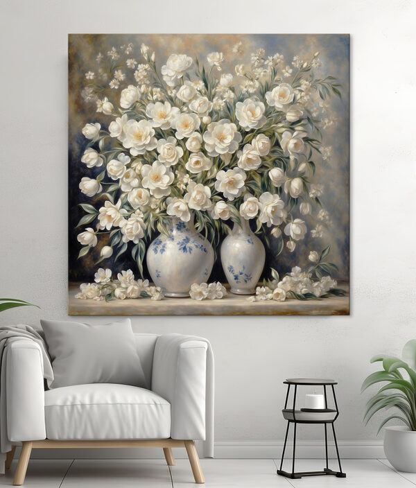 Ein Gemälde mit weißen Blumen in Vasen Ein Gemälde mit weißen Blumen in Vasen