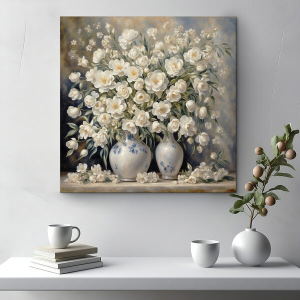 Ein Gemälde mit weißen Blumen in Vasen Ein Gemälde mit weißen Blumen in Vasen