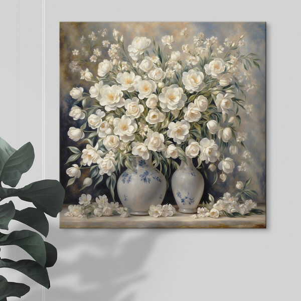 Ein Gemälde mit weißen Blumen in Vasen Ein Gemälde mit weißen Blumen in Vasen