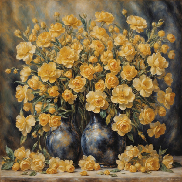 Ein Gemälde mit gelben Blumen in einer Vase Ein Gemälde mit gelben Blumen in einer Vase