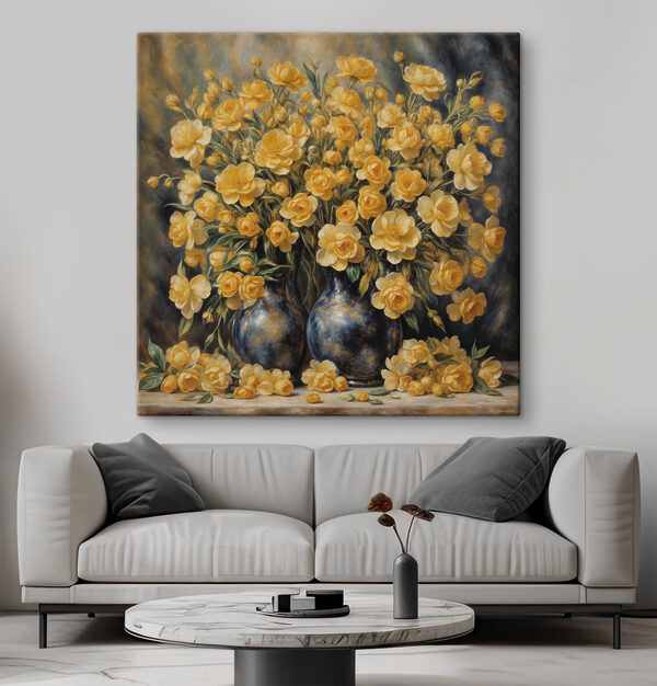 Ein Gemälde mit gelben Blumen in einer Vase Ein Gemälde mit gelben Blumen in einer Vase