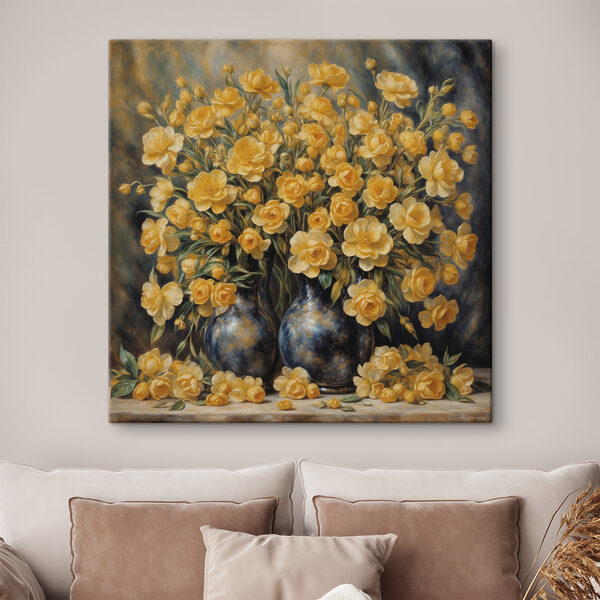 Ein Gemälde mit gelben Blumen in einer Vase Ein Gemälde mit gelben Blumen in einer Vase