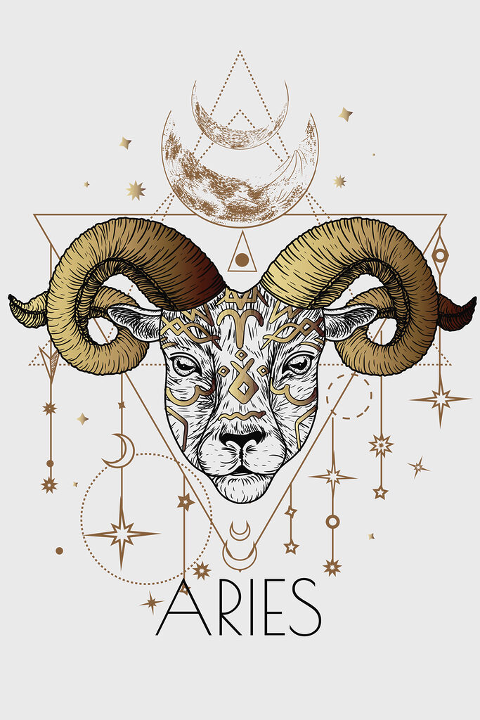 A drawing of a ram with a moon and stars