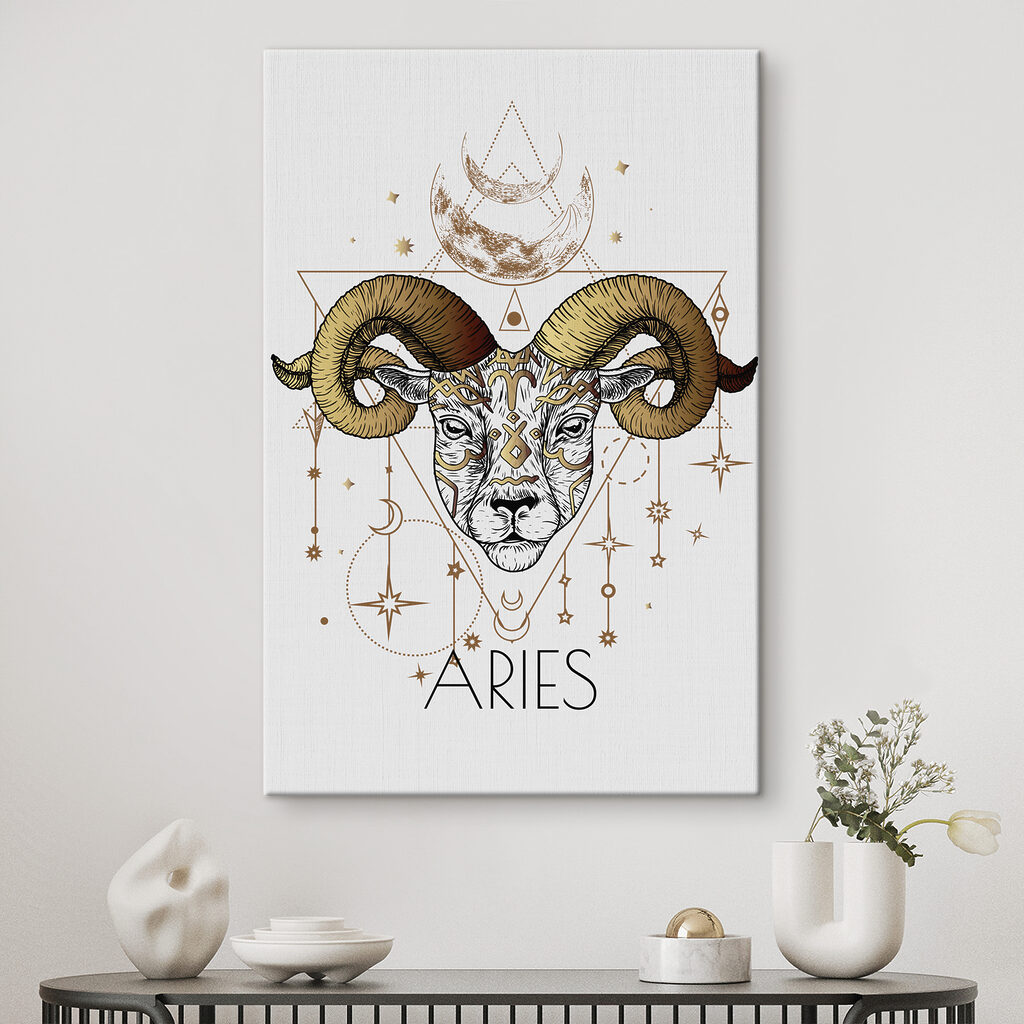 A drawing of a ram with a moon and stars