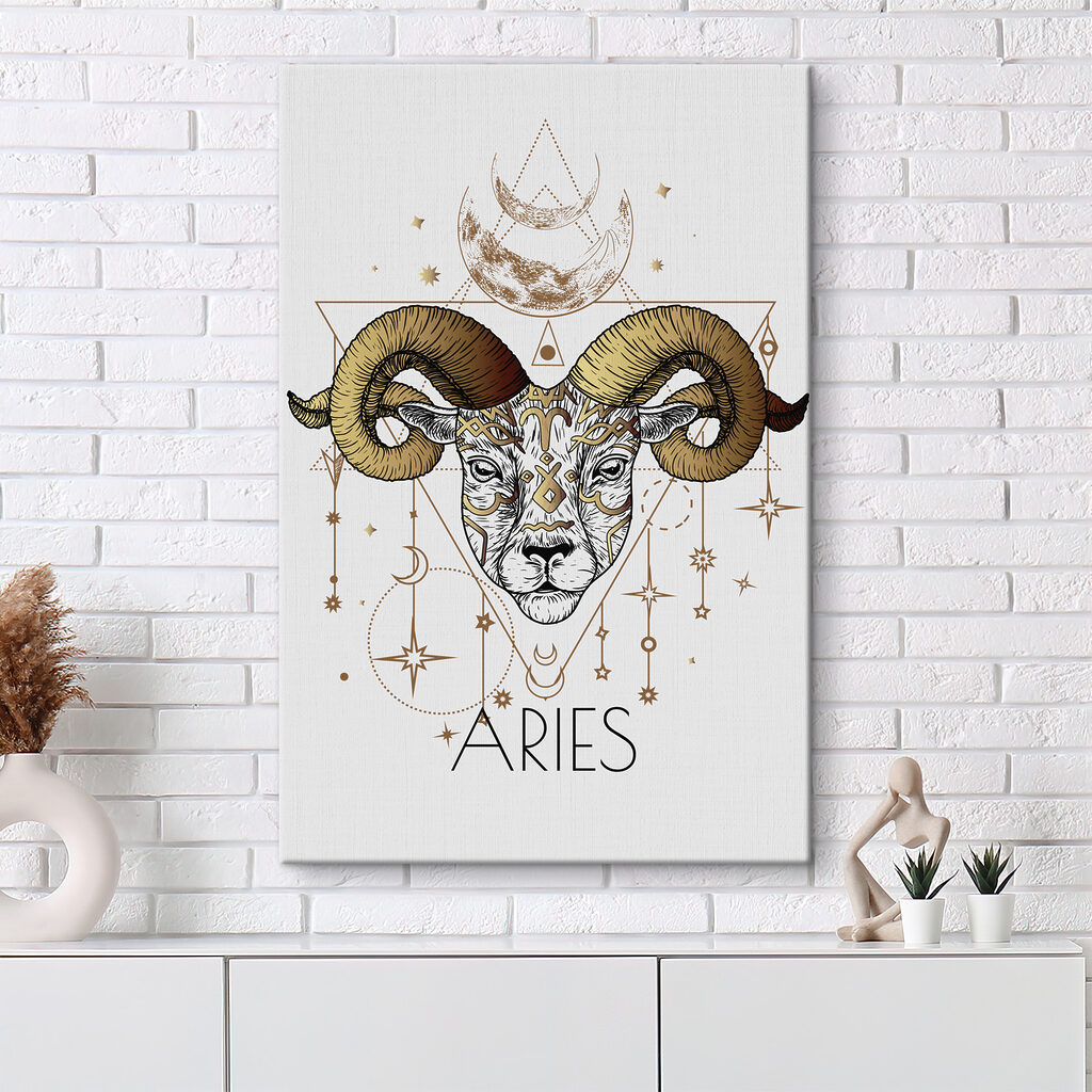 A drawing of a ram with a moon and stars